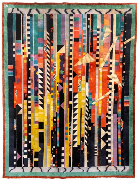 7' 9" x 10' 1" Chinese Deco Room Rug 20th Century: 7' 9" x 10' 1" Chinese Deco Room Rug 20th Century A 20th century Chinese Deco rug with a distinctive funky design. This pre-owned room-size rug is identified as an Attitude, Chinese, Deco type. Specif