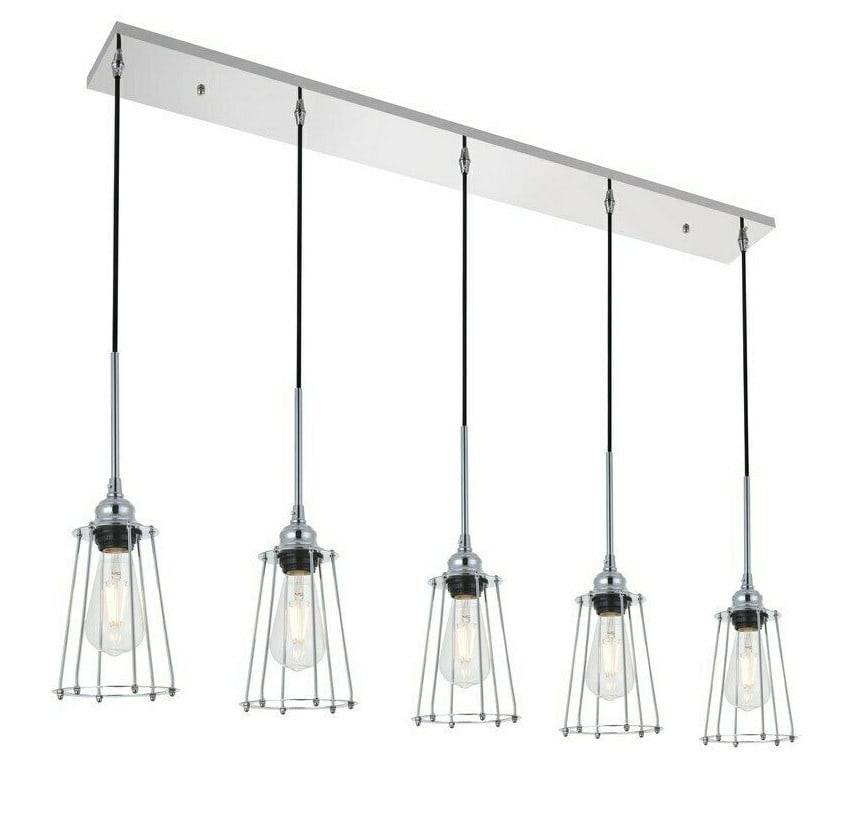 Auspice 5-Light Chrome Pendant Chandelier 45.5 Inch Height Adjustable: Auspice 5-Light Chrome Pendant Chandelier 45.5 Inch Height Adjustable This modern pendant chandelier features a sleek chrome finish and five adjustable lights, making it ideal for dining rooms, living