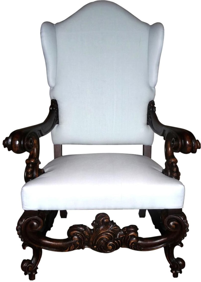 Baroque Rococo Chair Distressed Walnut Muslin Upholstery: Baroque Rococo Chair Distressed Walnut Muslin Upholstery Introducing the Exquisite Baroque Chair, a perfect blend of timeless elegance and vintage charm. Crafted in a Baroque Rococo style, this chair 