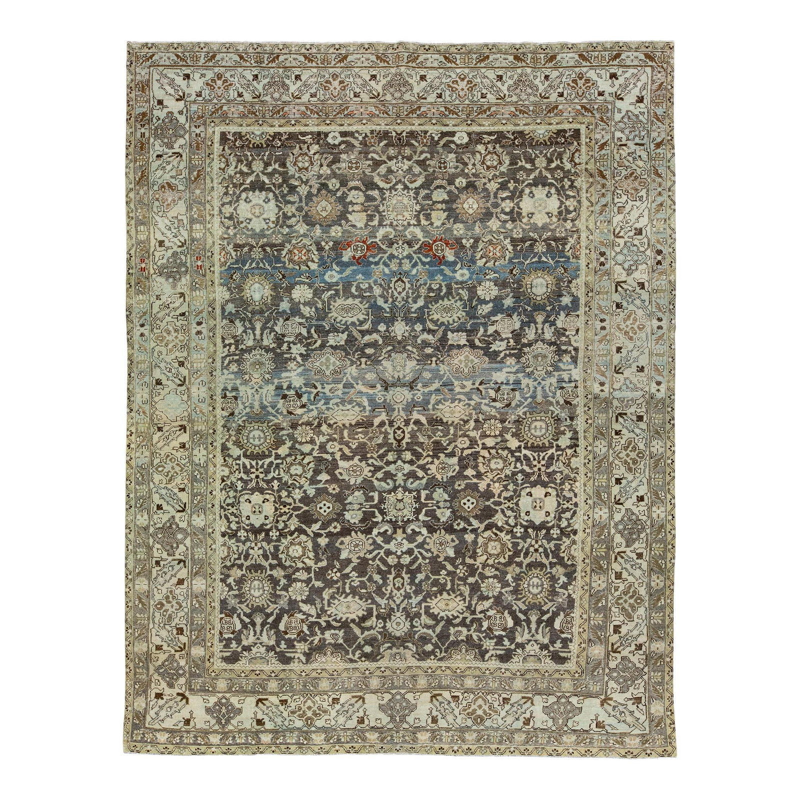 Antique Malayer Hand-Knotted Wool Rug 8'11 x 11'4 Brown Beige Floral Design: Antique Malayer Hand-Knotted Wool Rug 8'11 x 11'4 Brown Beige Floral Design This stunning Antique Malayer rug features a rich brown field complemented by a stylish beige frame and vibrant blue accents