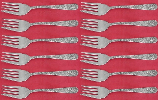 Kirk Repousse Sterling Silver Salad Fork Set 12 Pieces 6 1/4": Kirk Repousse Sterling Silver Salad Fork Set 12 Pieces 6 1/4" This exquisite 12-piece set of salad forks features the elegant Repousse pattern by Kirk. Each fork measures 6 1/4" and is crafted from hi
