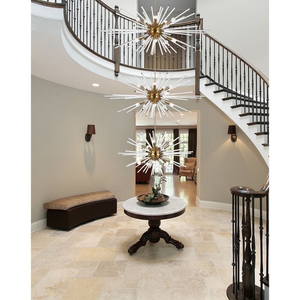 Sienna Goldish Glass Rod Sputnik Chandelier 30 Light: Sienna Goldish Glass Rod Sputnik Chandelier 30 Light This large modern Sputnik chandelier features a gold-tone frame with clear glass rods, creating a striking focal point for any foyer, dining room, 