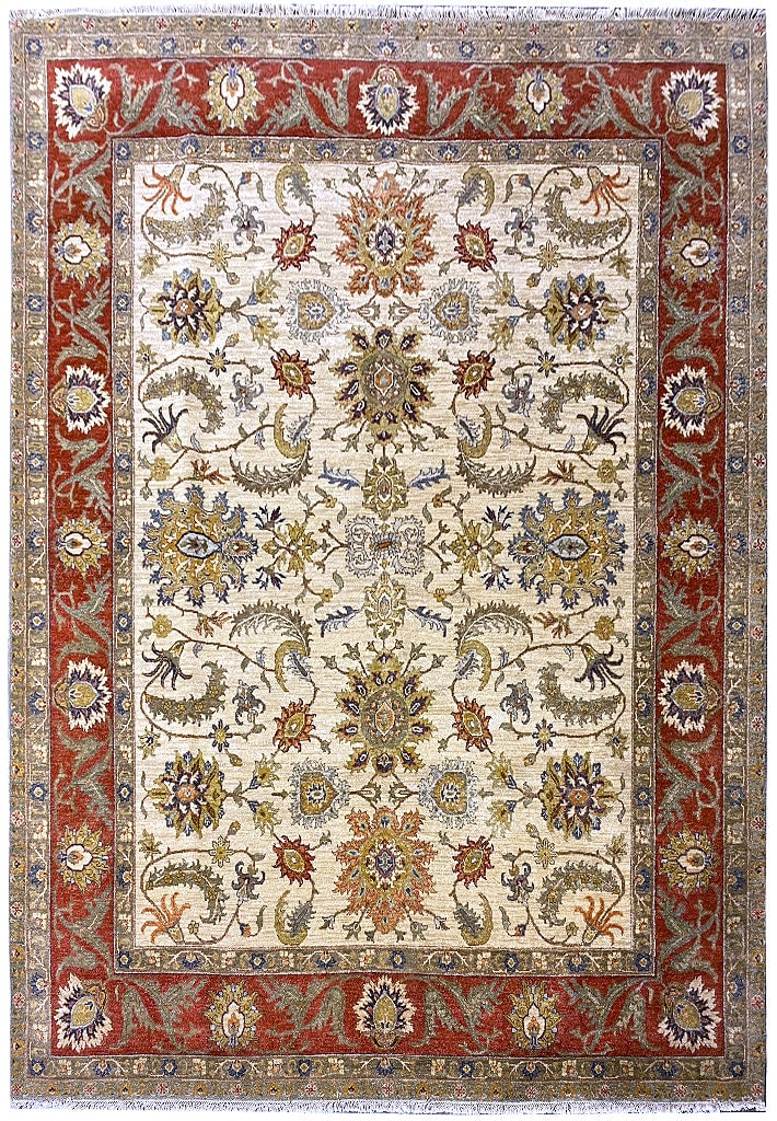 8 x 9.8 Handmade Agra Rug Beige Rust Natural Wool Ziglar Pattern: 8 x 9.8 Handmade Agra Rug Beige Rust Natural Wool Ziglar Pattern Free continental US Shipping Transform your space with this exquisite 8' x 10' Handmade Agra Rug, featuring a stunning blend of beige, 