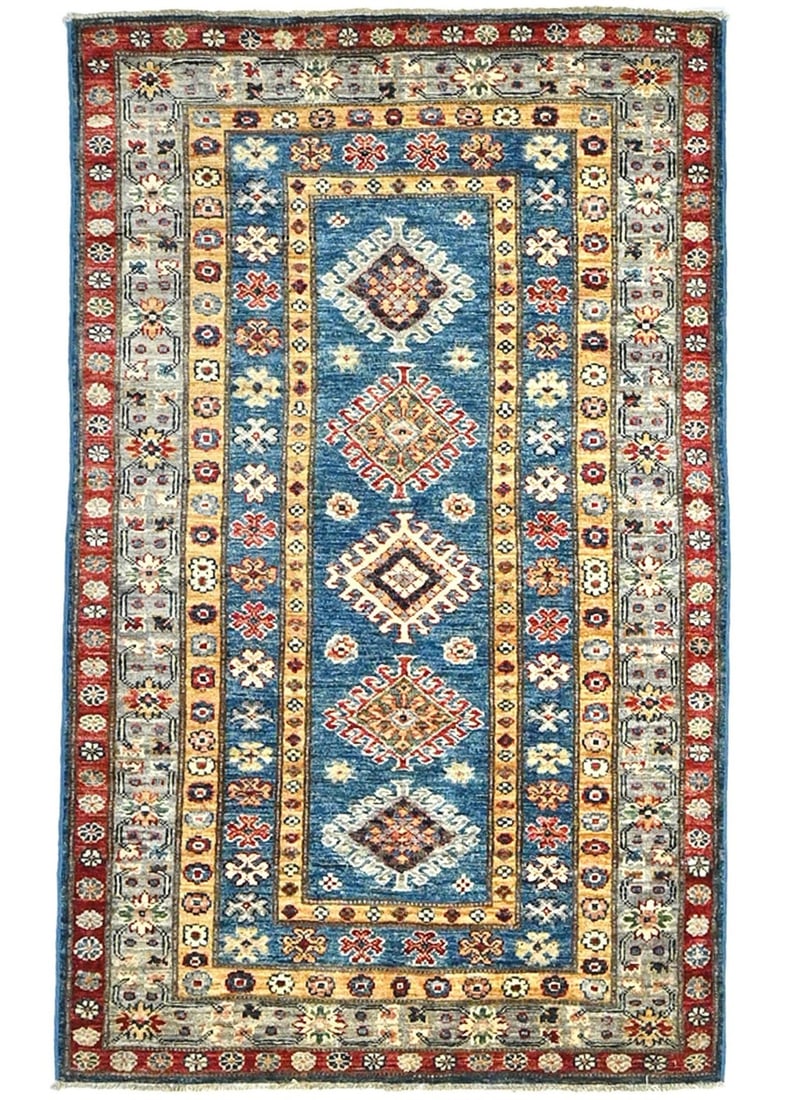 Handmade Kazak Tribal Geometric Wool Rug 3'3 x 5'2 Modern Decor: Handmade Kazak Tribal Geometric Wool Rug 3'3 x 5'2 Modern Decor Enhance your home decor with this exquisite Handmade Kazak Oriental Rug, featuring a vibrant tribal geometric design perfect for farmhou