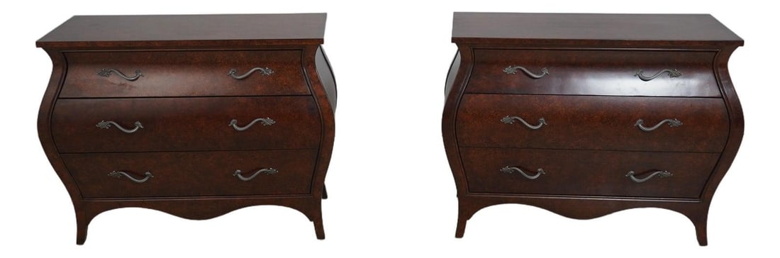 Ethan Allen Pair Faux Burlwood Bombe 3 Drawer Chests (1 of 10)