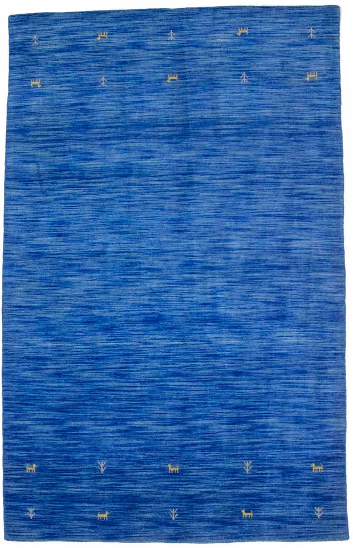 4x6 Wool Hand-Knotted Blue Modern Area Rug from India: 4x6 Wool Hand-Knotted Blue Modern Area Rug from India This hand-knotted solid blue rug features a contemporary oriental design, crafted in India from high-quality wool. Its rectangular shape and mediu