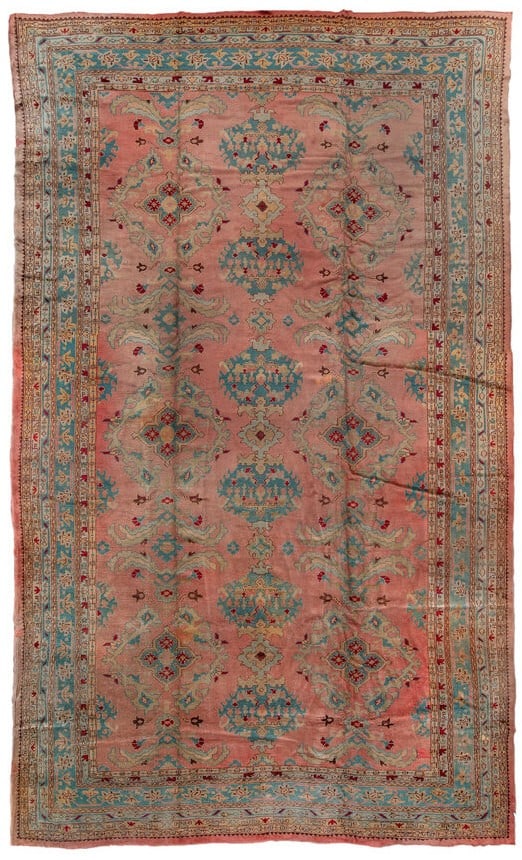 12' 1" x 25' 8" Antique Turkish Oushak Carpet Pink Turquoise (1 of 5)
