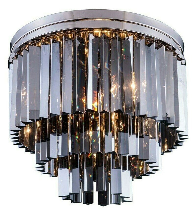 Sydney 20 in Crystal Flush Mount Ceiling Light Nickel: Sydney 20 in Crystal Flush Mount Ceiling Light Nickel This modern contemporary flush mount chandelier features a polished nickel finish with clear Royal Cut crystals and a silver shade (grey) glass de