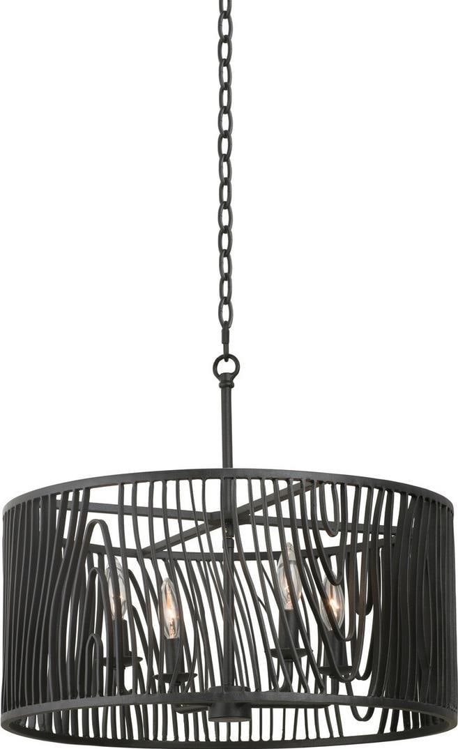 Morre 21 Inch Black Iron Pendant Light by Kalco: Morre 21 Inch Black Iron Pendant Light by Kalco Enhance your home with the Morre 21" Black Pendant, a striking piece that embodies the charm of French Country style. Crafted from durable steel and fin