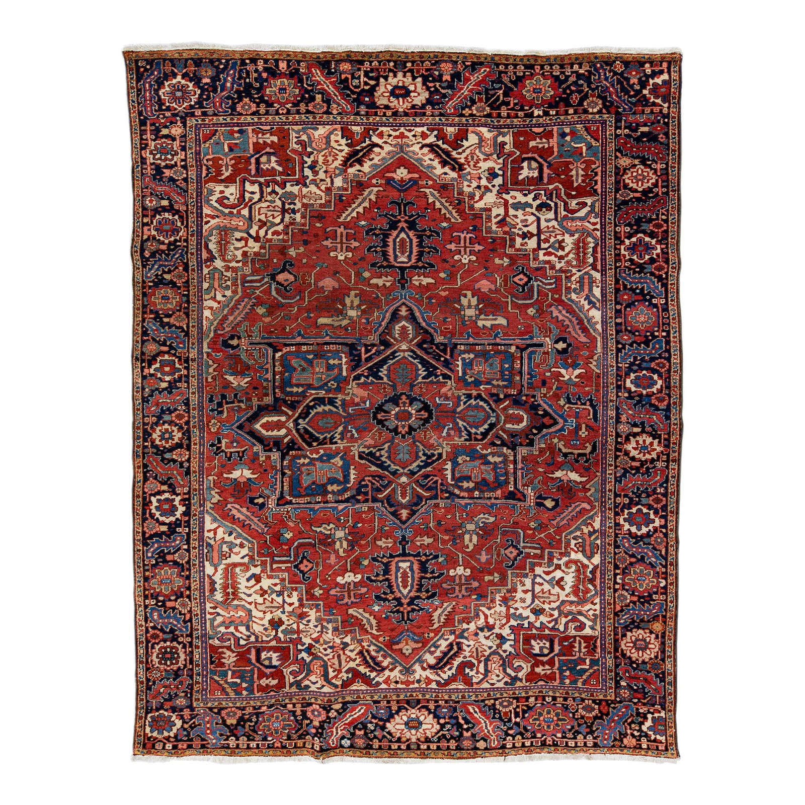 Antique Heriz Red Wool Rug 8'1 x 10'4 Medallion Design: Antique Heriz Red Wool Rug 8'1 x 10'4 Medallion Design This exquisite antique Heriz rug features a stunning hand-knotted design with a vibrant red field adorned by a dark blue frame and multi-color ac