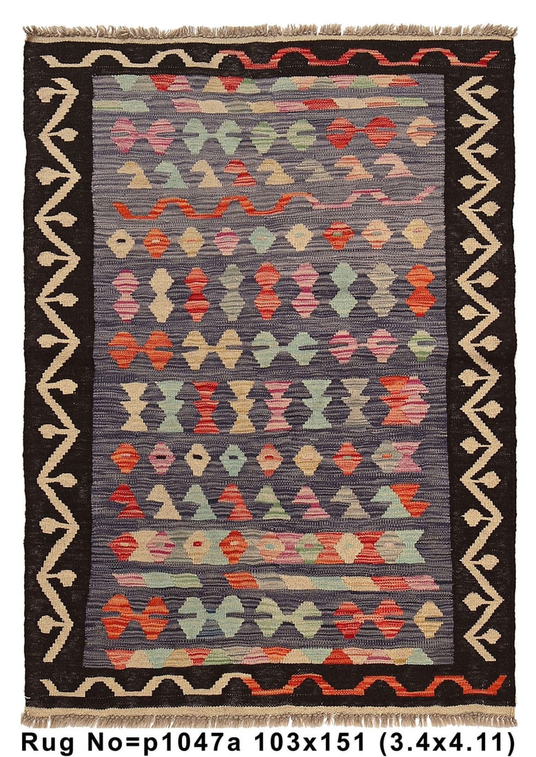 Eco-Friendly 3.5 x 5.0 Handmade Wool Kilim Rug Tribal Design: Eco-Friendly 3.5 x 5.0 Handmade Wool Kilim Rug Tribal Design Free continental US Shipping Discover the beauty of our exquisite 3.5' x 5.0' Handmade Natural Wool Flat Weave Kilim Rug, a true masterpiec