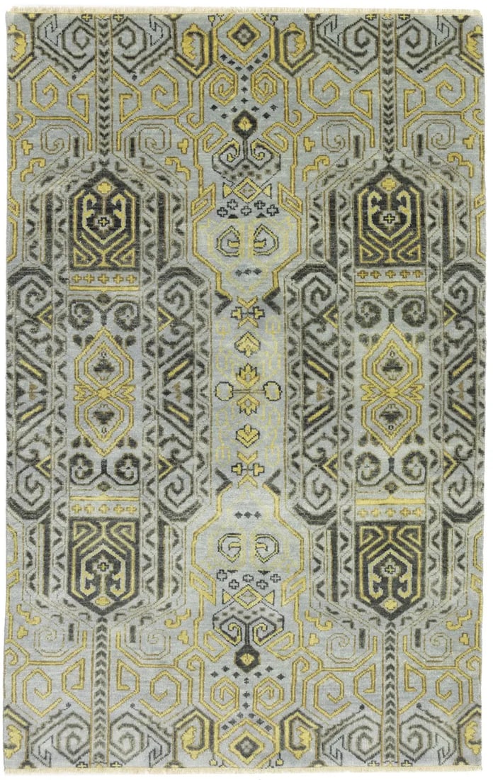 Hand-knotted Modern Wool Rug 3'10 x 6' Geometric Pattern from India: Hand-knotted Modern Wool Rug 3'10 x 6' Geometric Pattern from India This handmade oriental area rug features a contemporary geometric design in light gray, charcoal, gold, and brown tones. Hand-knotte
