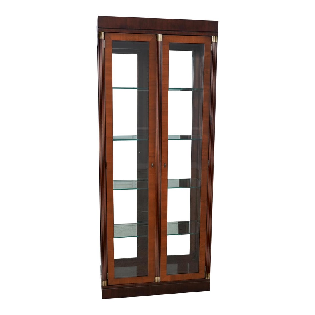 Elegant Beveled Glass Mahogany Display Cabinet with Lighted Interior: Elegant Beveled Glass Mahogany Display Cabinet with Lighted Interior This exquisite display cabinet combines elegant yew wood doors with a rich mahogany frame, showcasing a modern design that enhances