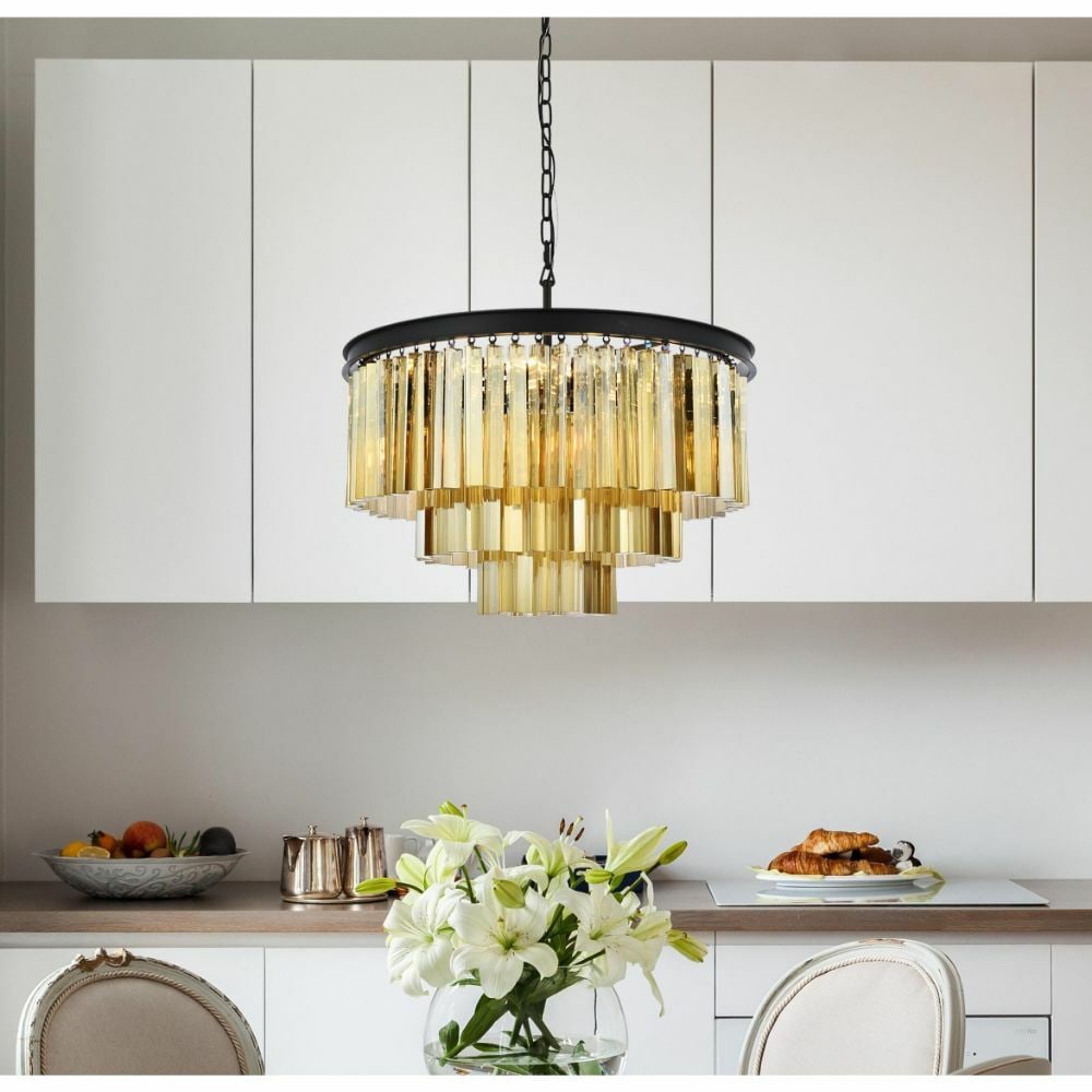 Sydney 9 Light Crystal Chandelier Matte Black 26 in: Sydney 9 Light Crystal Chandelier Matte Black 26 in Modern 9-light chandelier with a matte black frame and golden teak royal cut crystals. It is a hardwired indoor fixture with an adjustable chain, de