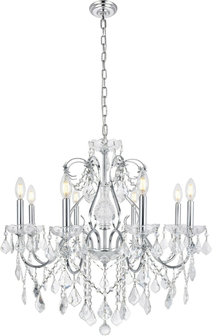 St Francis Chrome 8 Light Crystal Chandelier: St Francis Chrome 8 Light Crystal Chandelier This pre-owned chandelier features a modern design with a chrome finish and beautiful clear glass adorned with French pendant crystals in the Venetian or s