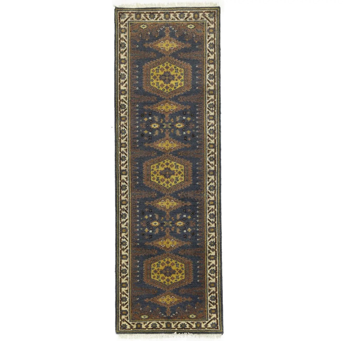 Hand Knotted Wool Tribal Geometric Runner Rug 2'8 x 8'11: Hand Knotted Wool Tribal Geometric Runner Rug 2'8 x 8'11 This hand-knotted runner rug features a striking tribal geometric design in shades of gray, cream, yellow, rust, and brown. Crafted from wool, 