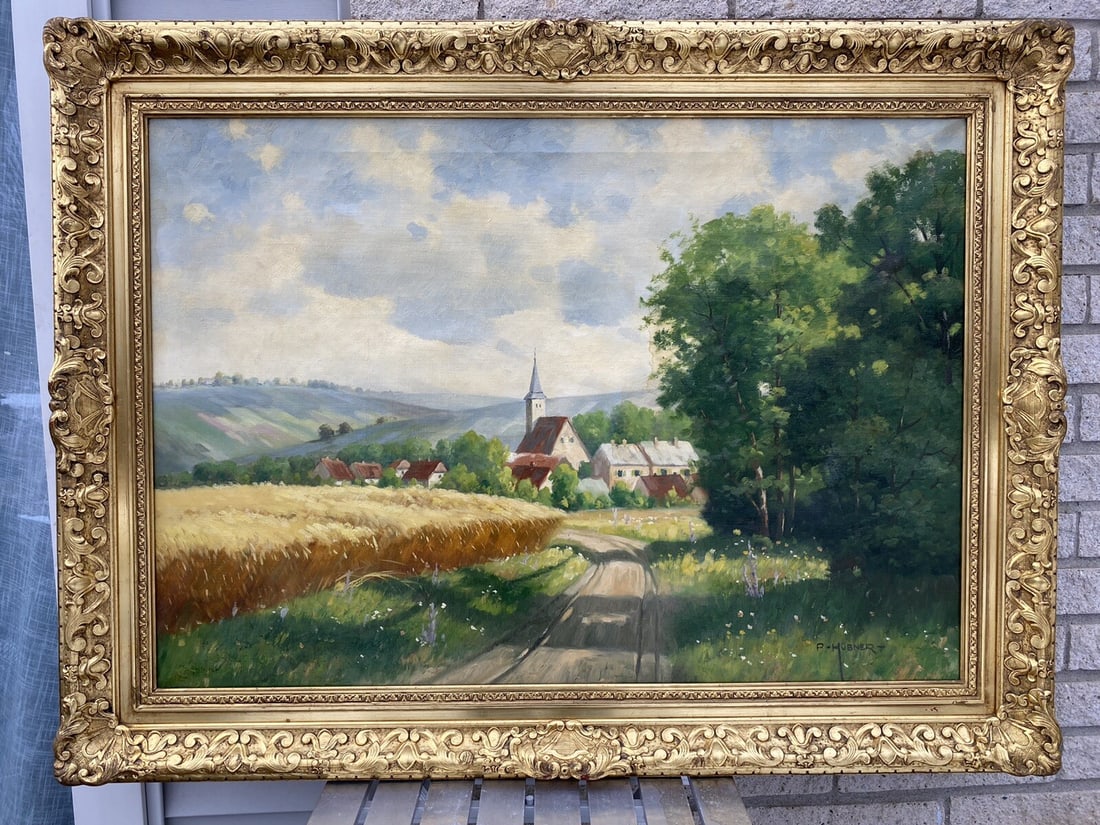 Framed St Jude's Church Landscape Oil Painting by Peter P Hubner 40 in (1 of 12)
