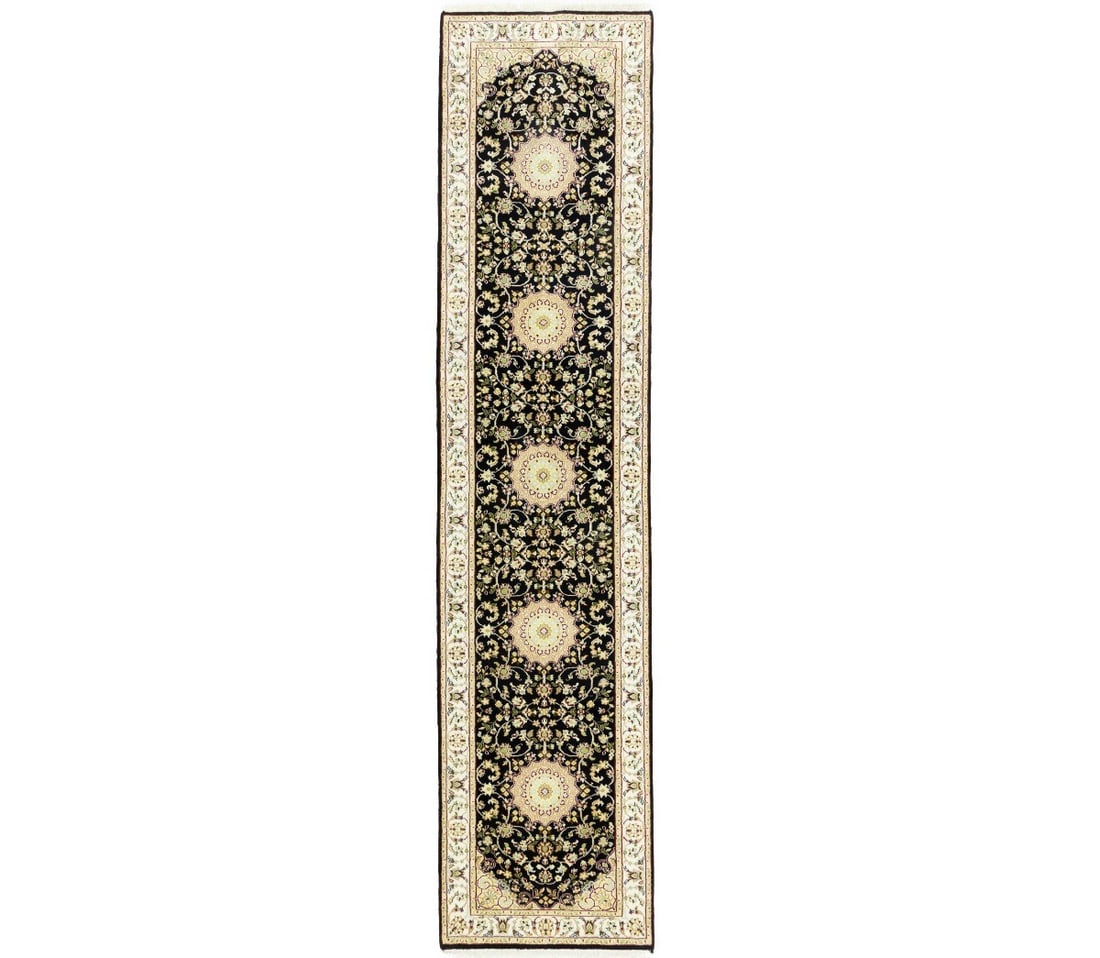 Indo Nain Wool Silk Runner Rug 2'9 x 11'11 Floral Medallion: Indo Nain Wool Silk Runner Rug 2'9 x 11'11 Floral Medallion This hand-knotted Indo-Nain runner rug features a floral medallion pattern in shades of dark navy, cream, buff, red, light grey, green, tan,
