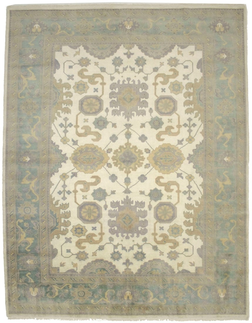 Hand-Knotted Wool Oushak Chobi Area Rug 9'3 x 11'10 Muted Floral Design: Hand-Knotted Wool Oushak Chobi Area Rug 9'3 x 11'10 Muted Floral Design This handmade Oushak Chobi rug features a muted vintage-style oriental design with floral patterns in cream, green, beige, taupe