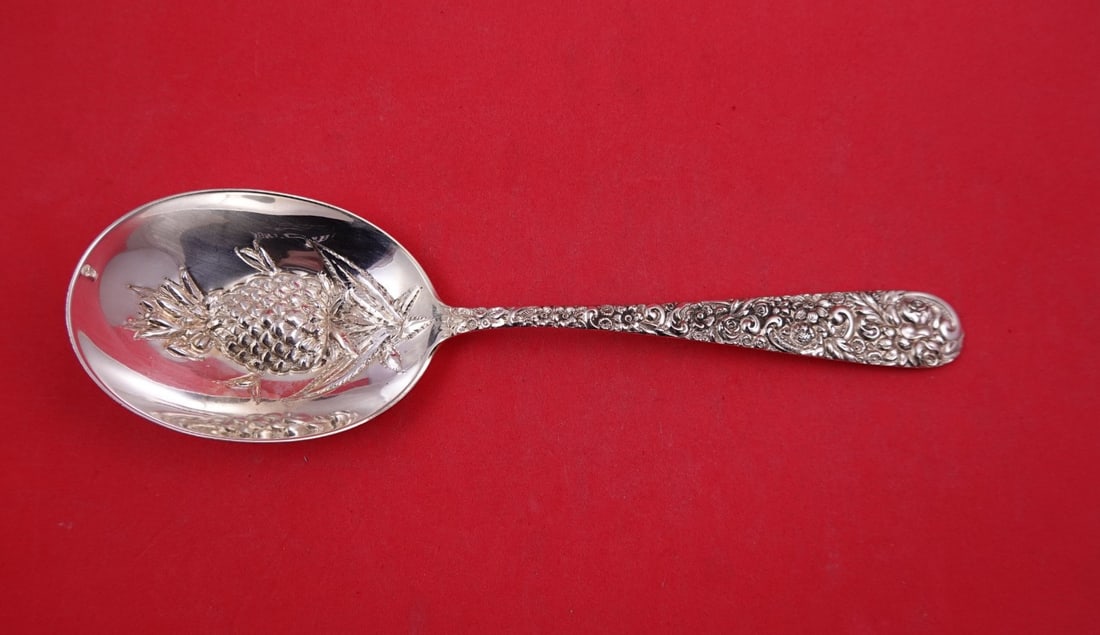 Jacobi and Jenkins Repousse Sterling Silver Berry Serving Spoon 9 in (1 of 2)