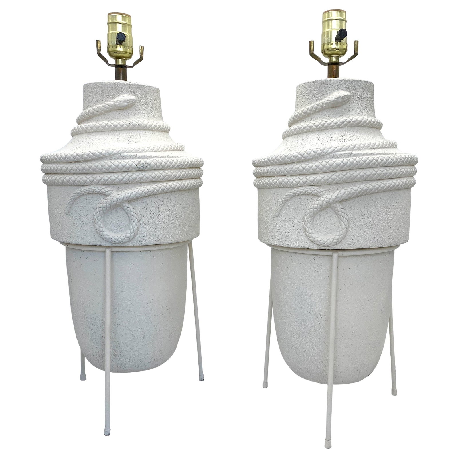Set of 2 Blanc de Chine Serpent Motif Mid-Century Modern Pottery Lamps: Set of 2 Blanc de Chine Serpent Motif Mid-Century Modern Pottery Lamps This pair of mid-century modern lamps features a blanc de chine pottery urn design with a distinctive serpent motif. Each lamp is