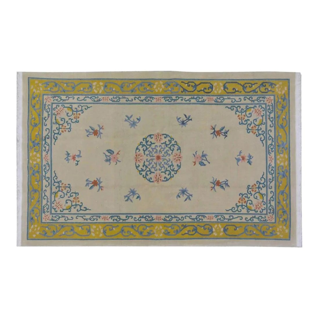 Hand-Knotted Wool Chinese Art Deco Rug 5'x7'9" Beige Vintage: Hand-Knotted Wool Chinese Art Deco Rug 5'x7'9" Beige Vintage This vintage Chinese Art Deco rug is hand-knotted from wool using traditional techniques, combining timeless craftsmanship with a modern de