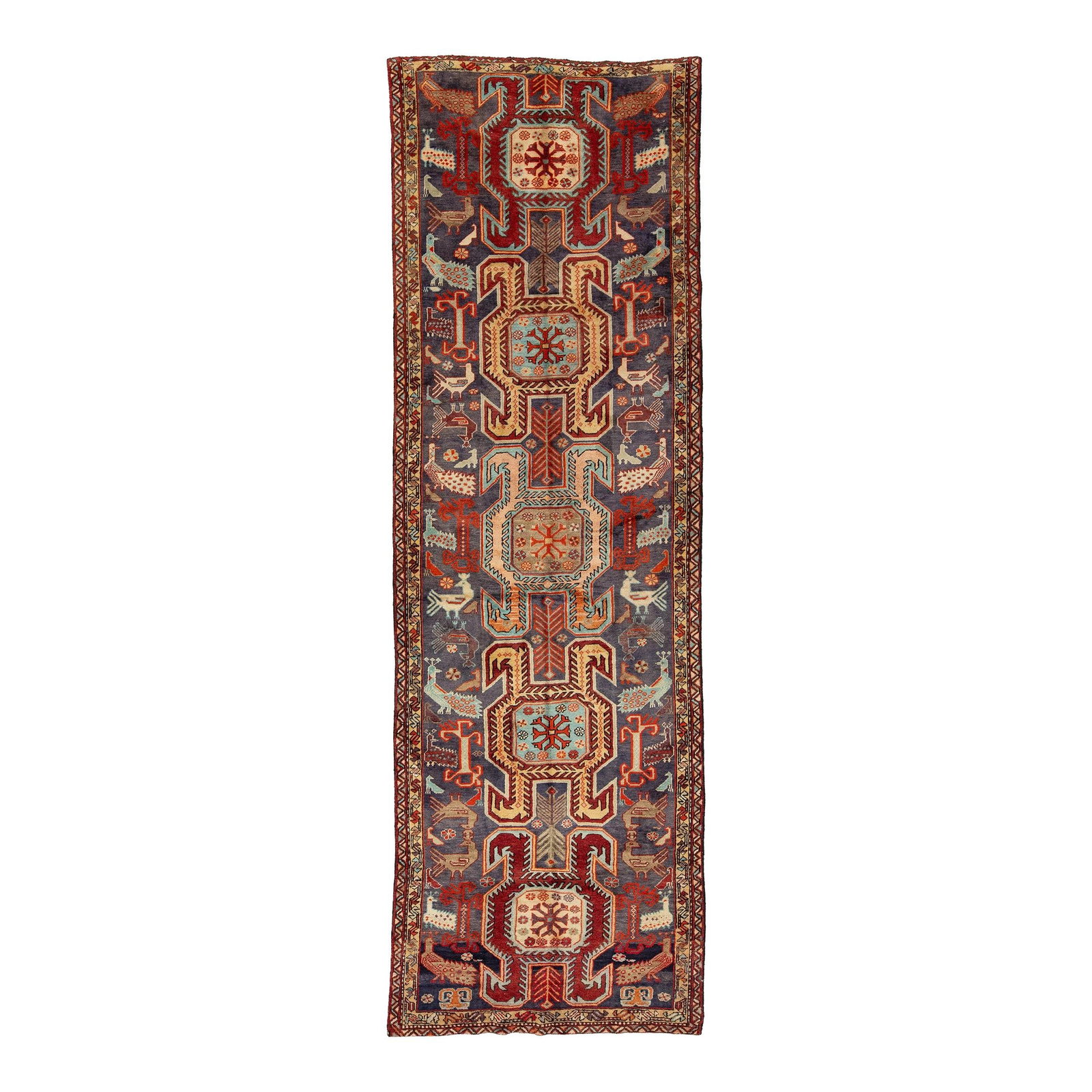 Handmade Vintage Heriz Persian Wool Runner Multicolor 3'5'' x 10'10'': Handmade Vintage Heriz Persian Wool Runner Multicolor 3'5'' x 10'10'' This exquisite vintage Heriz Persian wool runner features a stunning blue field adorned with a vibrant all-over multicolor design.