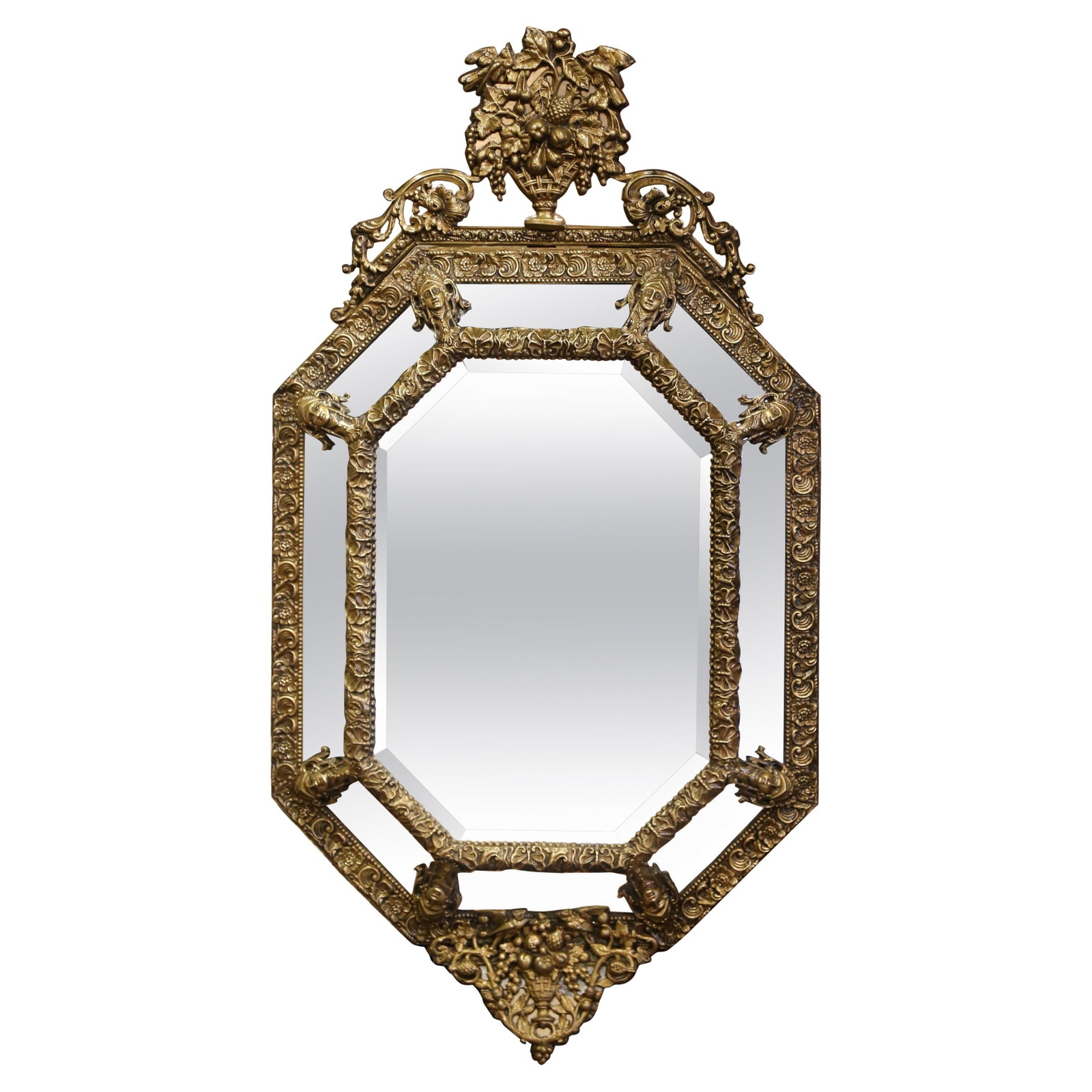 Octagonal French Repousse Brass Mirror with Beveled Mercury Glass Circa 1870 (1 of 11)