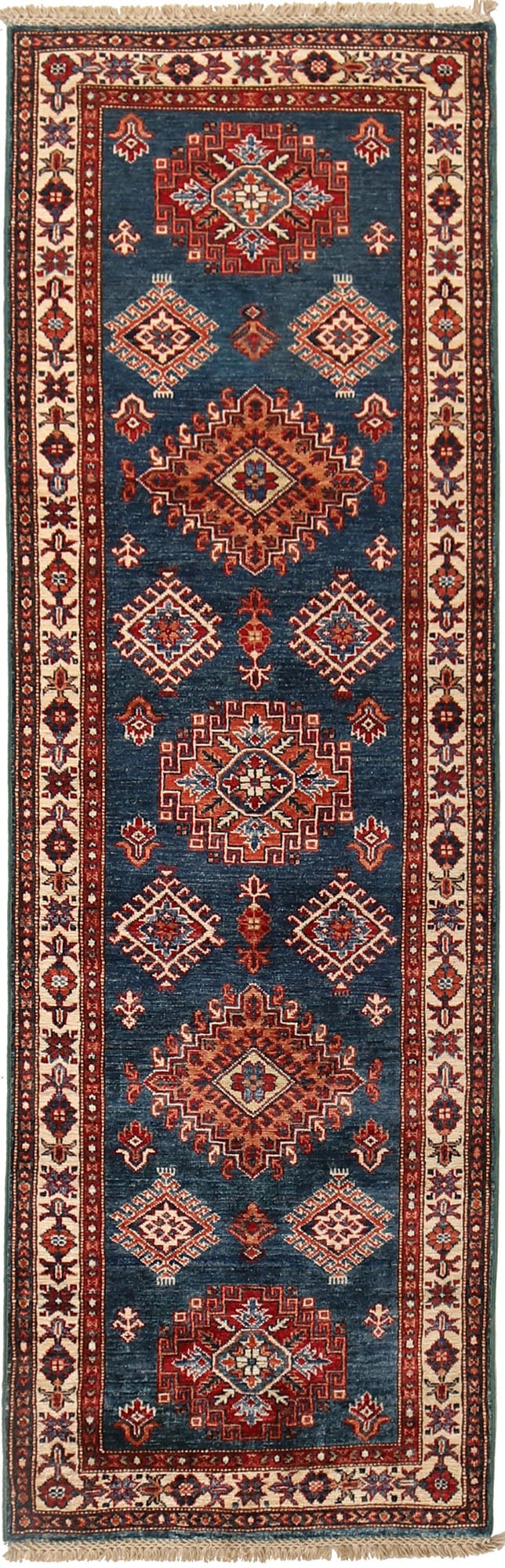 Handcrafted 2.6 x 8.1 Super Kazak Runner Blue Wool Rug: Handcrafted 2.6 x 8.1 Super Kazak Runner Blue Wool Rug Free continental US Shipping Transform your space with the timeless elegance of the Super Kazak Runner in a captivating blue. This exquisite rug,