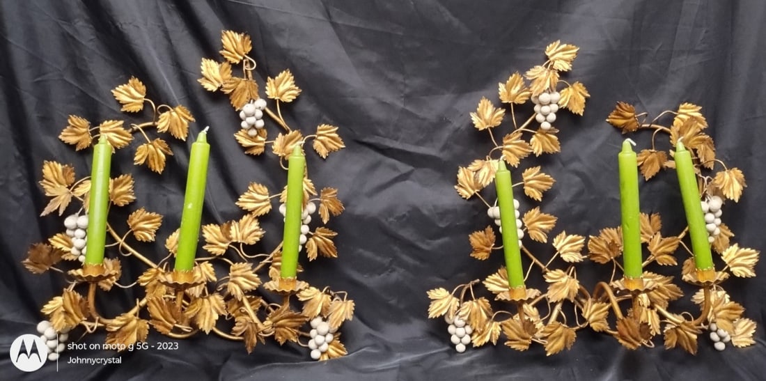 Pair of 1960s Italian gilt tole grape leaf wall sconces 22" (1 of 10)