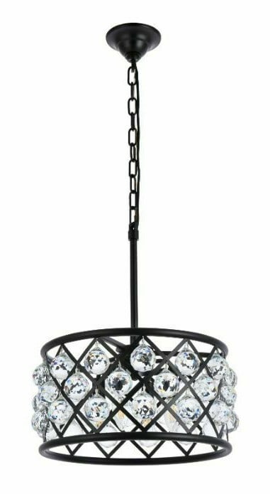Madison 4-Light Crystal Pendant Matte Black 16 in: Madison 4-Light Crystal Pendant Matte Black 16 in Modern matte black indoor pendant chandelier with 4 lights and clear faceted Royal Cut crystal balls. It features a hardwired design, adjustable heigh