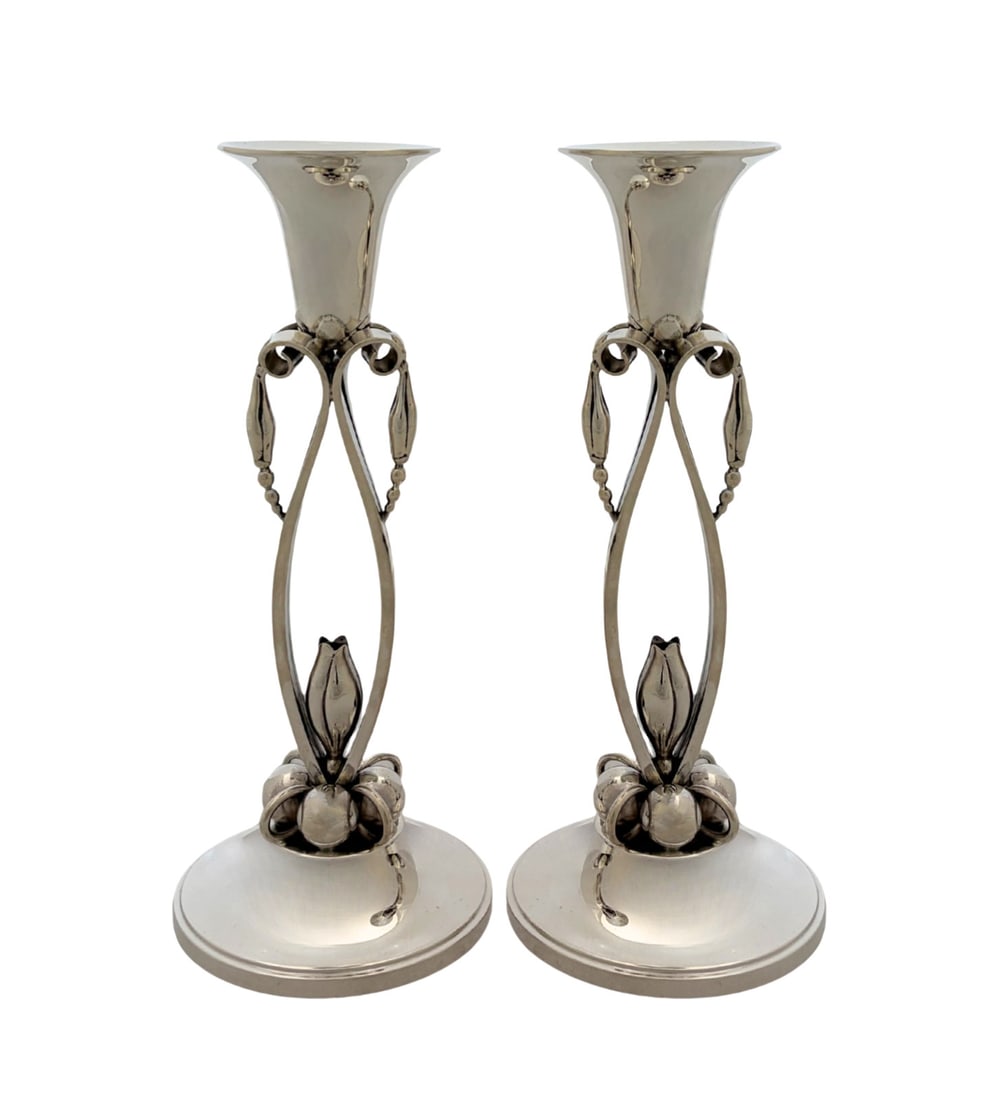 Durham Sterling Silver Blossom Candlesticks Jensen Style Pair: Durham Sterling Silver Blossom Candlesticks Jensen Style Pair These antique Durham candlesticks are crafted from .925 sterling silver and feature a handmade floral "Blossom" design in the Jensen style
