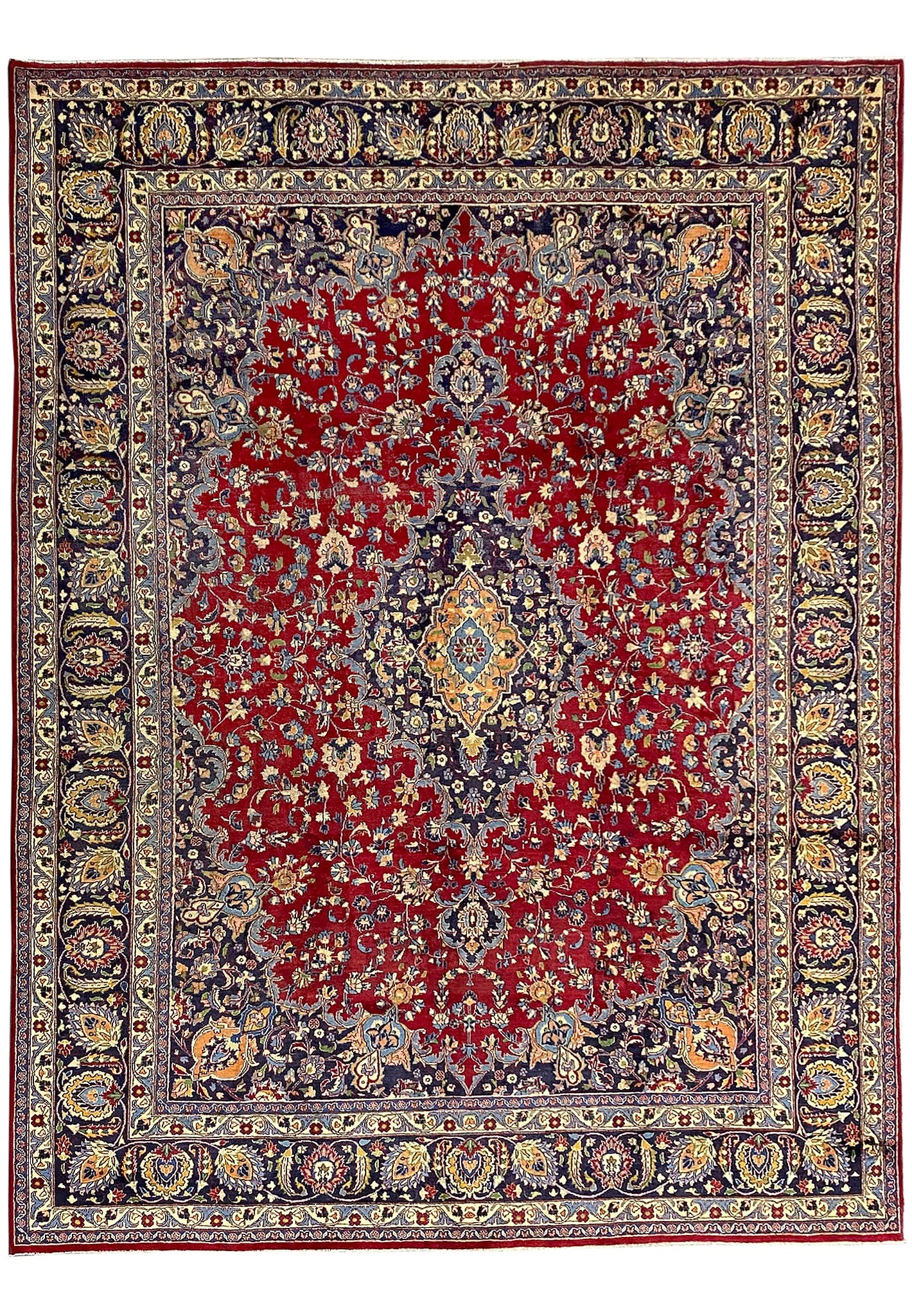9.5 x 13 Persian Kerman Hand Knotted Wool Rug: 9.5 x 13 Persian Kerman Hand Knotted Wool Rug Free continental US Shipping This pre-owned Persian Kerman rug measures 9.5 x 13 and features a traditional hand-knotted construction in premium wool. It 