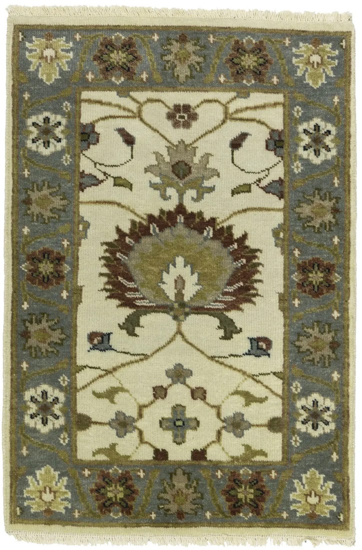Hand-Knotted Cream Floral Oushak Chobi Rug 2X3 ft Eco-Friendly: Hand-Knotted Cream Floral Oushak Chobi Rug 2X3 ft Eco-Friendly This exquisite hand-knotted Oushak Chobi rug features a charming floral design in a palette of cream, blue-gray, rusty red, tan, dark tea