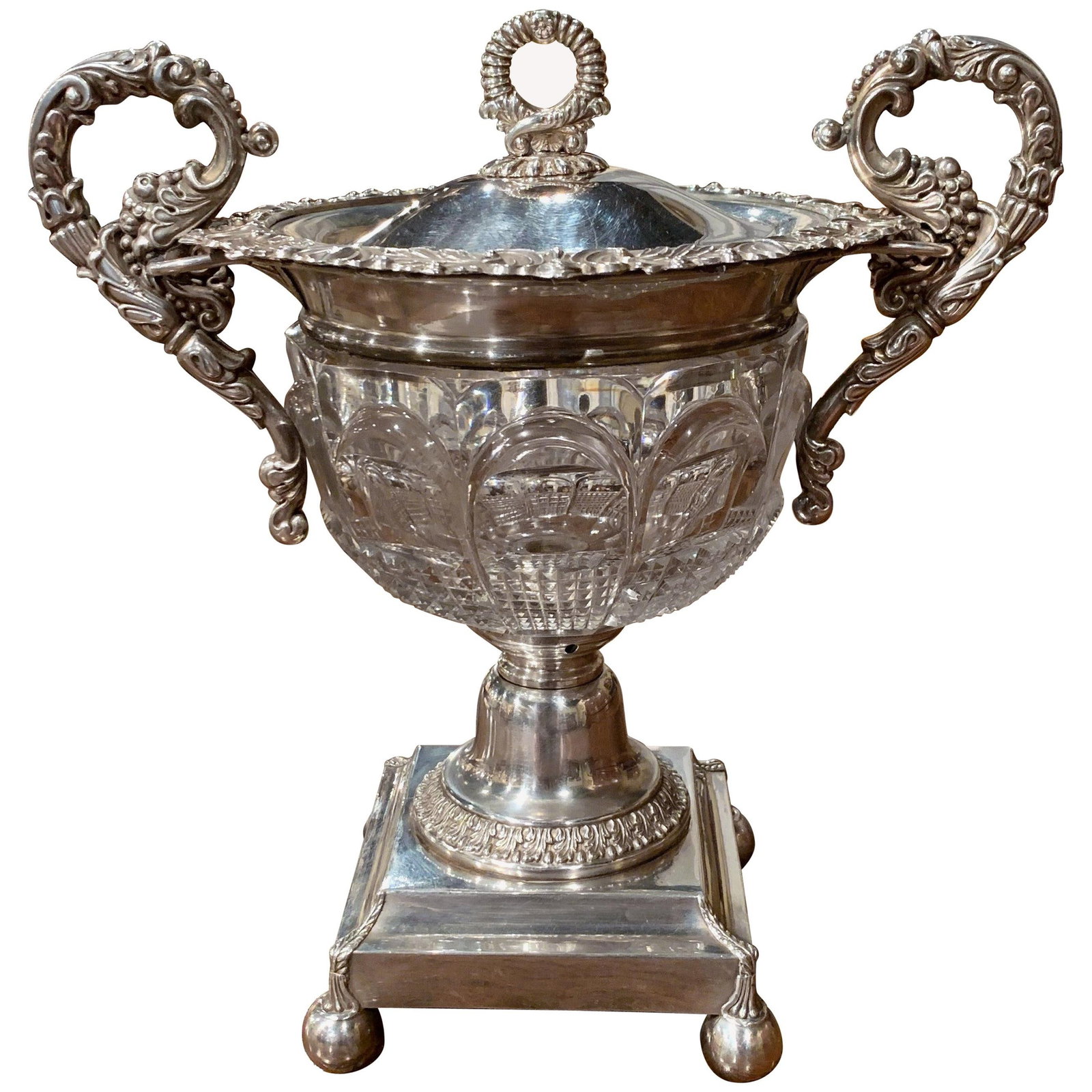 19th Century French Silver Plated Crystal Candy Bowl Napoleon III: 19th Century French Silver Plated Crystal Candy Bowl Napoleon III This exquisite 19th Century French sugar or candy bowl showcases the elegance of the Napoleon III style. Crafted circa 1870, this stun