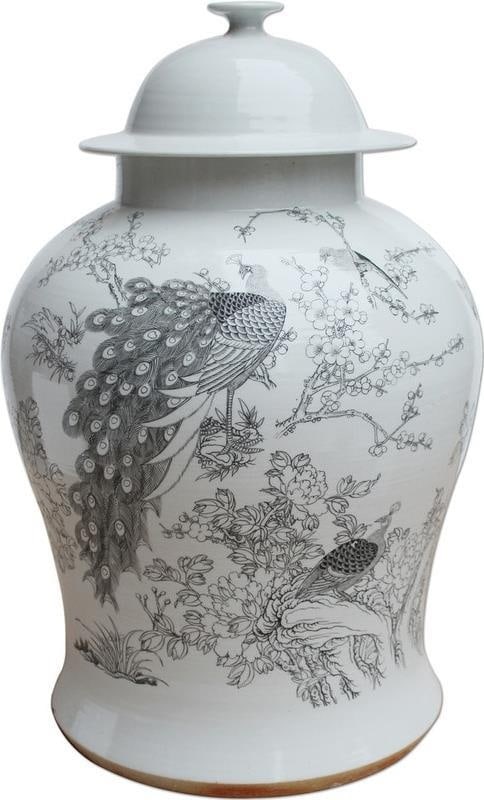 Handmade Chinoiserie Ceramic Temple Jar with Peacock Design 16H: Handmade Chinoiserie Ceramic Temple Jar with Peacock Design 16H This exquisite Traditional White Jar features a stunning peacock design, embodying the elegance of Chinoiserie style. Handcrafted from