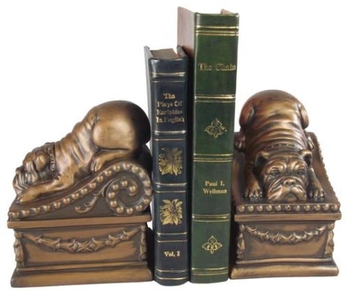 Charming Hand-Painted English Bulldog Bookends in Resin: Charming Hand-Painted English Bulldog Bookends in Resin This item is made at time of order. Please allow 42 to 70 days for production. Enhance your home decor with these charming Hand-Painted English