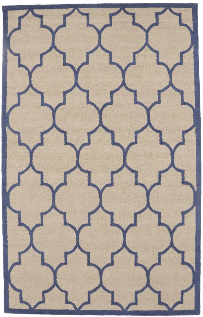 5x8 Cream Wool Area Rug with Modern Trellis Pattern Hand-Tufted: 5x8 Cream Wool Area Rug with Modern Trellis Pattern Hand-Tufted This contemporary area rug features a modern trellis pattern in cream with purple-navy accents. Crafted from hand-tufted wool, it offers