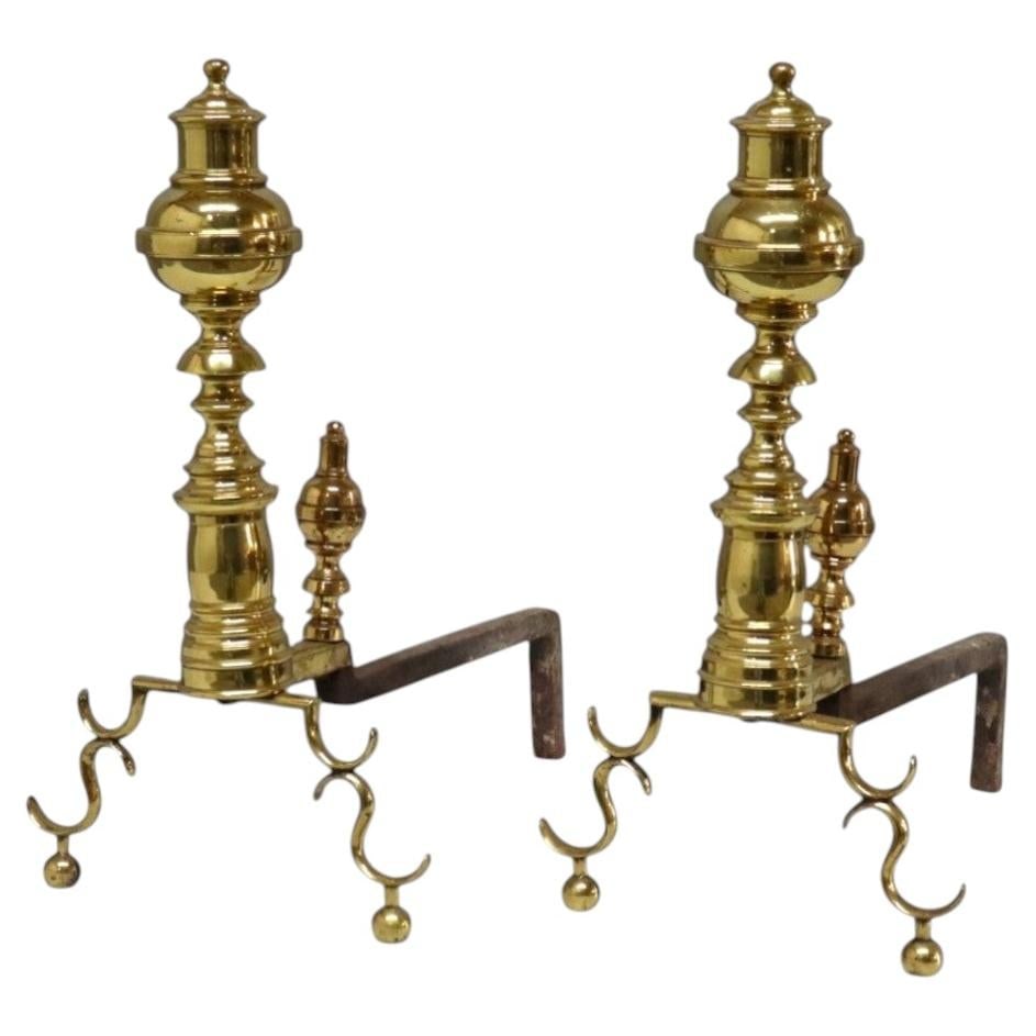 Pair of c1920 brass fireplace andirons in Federal beehive style (1 of 10)