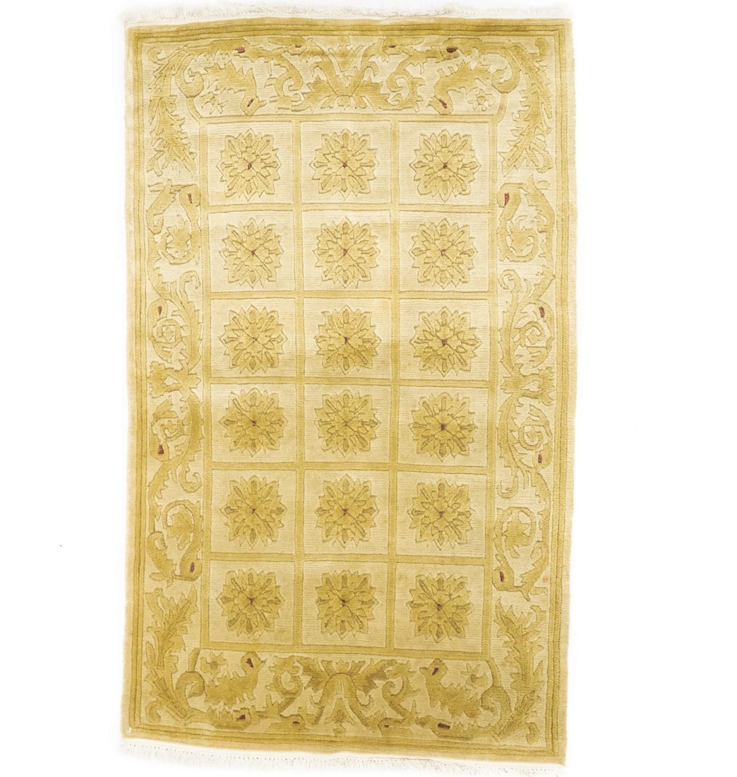 Hand-Knotted Wool Area Rug 3x5 Modern Nepali Floral Design: Hand-Knotted Wool Area Rug 3x5 Modern Nepali Floral Design This is a modern hand-knotted Nepali area rug crafted from wool, featuring a contemporary floral pattern in golden beige, brown, and red tone