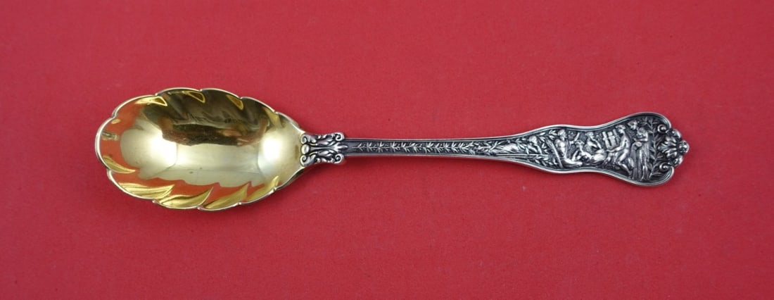 Tiffany & Co. Sterling Silver Preserve Spoon Olympian Pattern Gold Wash Scalloped Bowl 6 7/8 in: Tiffany & Co. Sterling Silver Preserve Spoon Olympian Pattern Gold Wash Scalloped Bowl 6 7/8 in This is a Tiffany & Co. Olympian pattern preserve spoon crafted from sterling silver, featuring a gold-w