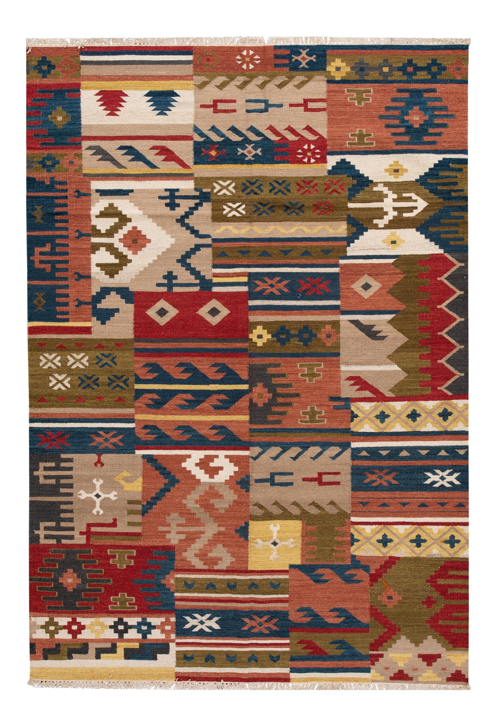 Hand-Woven Contemporary Kilim Rug 6'7" x 9'8" Wool Tan: Hand-Woven Contemporary Kilim Rug 6'7" x 9'8" Wool Tan This stunning hand-woven modern Kilim rug features a warm tan field enriched with multi-color accents in an intricate all-over geometric design. 