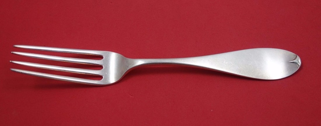 Schulz and Fischer California Coin Silver Oval Tipped Dinner Fork 7 7/8": Schulz and Fischer California Coin Silver Oval Tipped Dinner Fork 7 7/8" California coin silver dinner fork by Schulz & Fischer with an oval-tipped design and a length of 7 7/8 inches. It is not monog