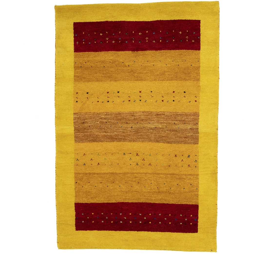 Multicolored Wool Area Rug Hand-Knotted Indo-Gabbeh Tribal 3'11 x 5'11: Multicolored Wool Area Rug Hand-Knotted Indo-Gabbeh Tribal 3'11 x 5'11 This hand-knotted Indo-Gabbeh rug features a striking tribal geometric pattern with multicolored tones, including golden yellow, 