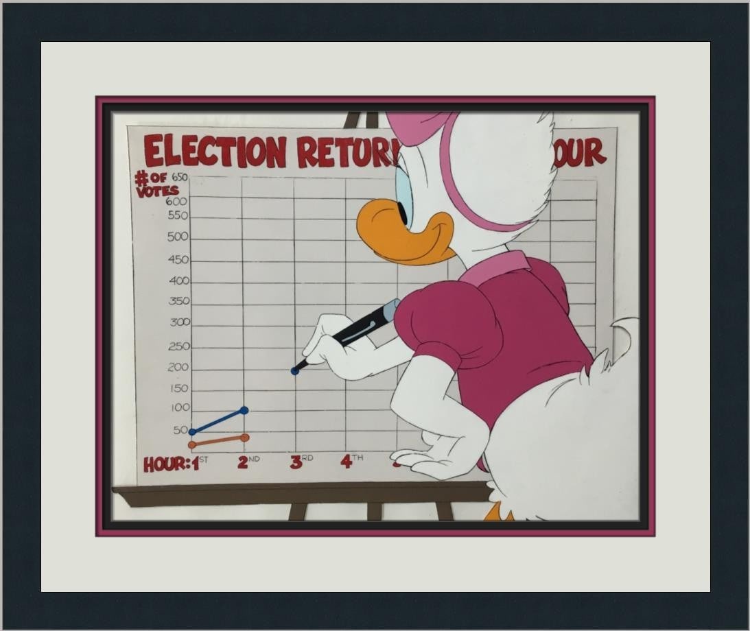 Production Cel of Daisy Duck from The Election Hand Painted and Framed: Production Cel of Daisy Duck from The Election Hand Painted and Framed This is an original hand-painted animation production cel from Walt Disney Studios, featuring Daisy Duck in "The Election." Creat