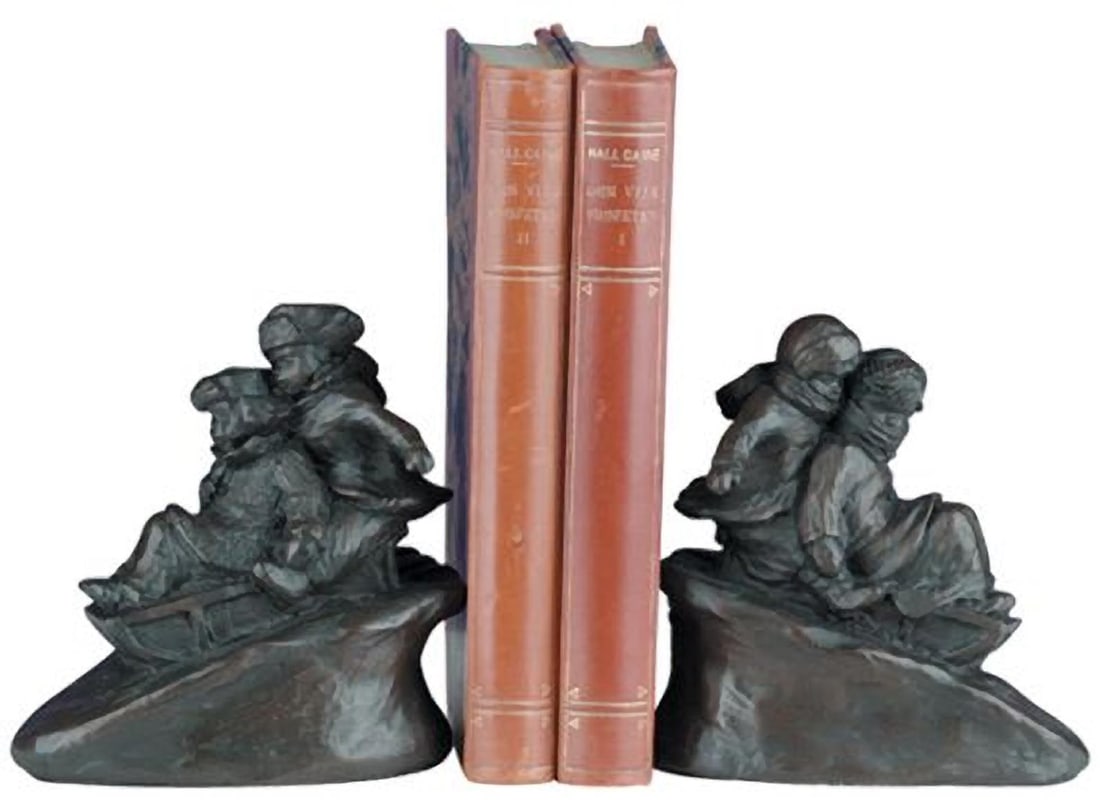 Whimsical Lodge Style Sledding Kids Bookends in Cast Resin: Whimsical Lodge Style Sledding Kids Bookends in Cast Resin Add a touch of whimsy to your child's bookshelf with these delightful sledding kids bookends. Crafted from durable cast resin, each piece is 