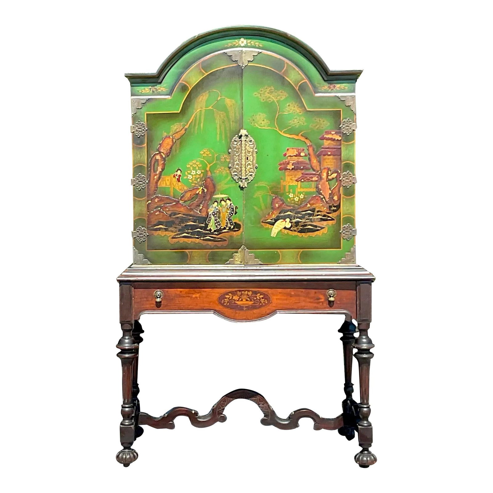 Vintage Early 20th Century Jacobean Style Green Cabinet: Vintage Early 20th Century Jacobean Style Green Cabinet Embrace the elegance of the past with this Vintage Early 20th Century Jacobean Style Cabinet. This American-made cabinet features intricate craf