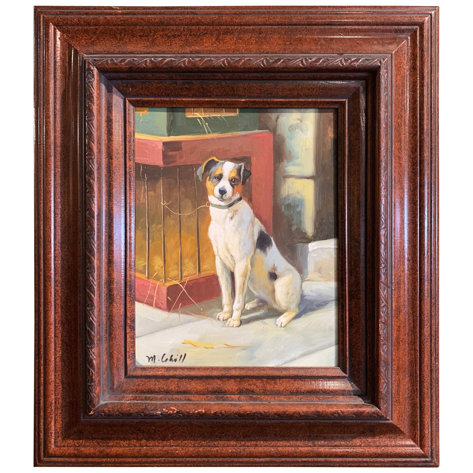 Signed M Cahill Terrier Oil Painting in Carved Frame: Signed M Cahill Terrier Oil Painting in Carved Frame This mid-century oil painting on canvas, signed by M. Cahill, features a seated terrier beside a rustic enclosure. The expressive brushwork and war
