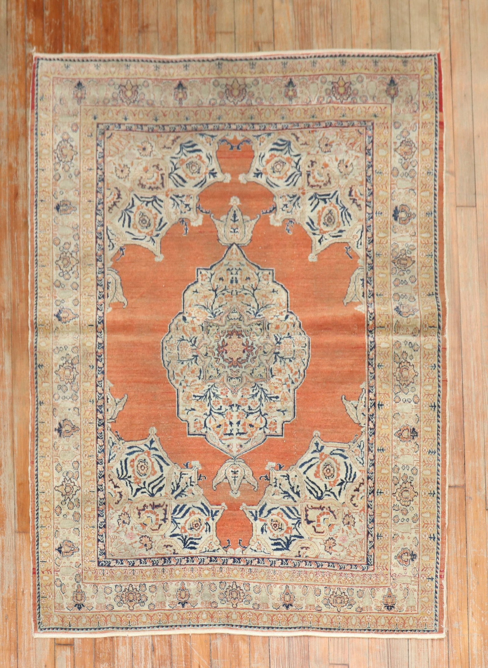 4' 1" x 5' 10" Persian Tabriz Accent Rug Hadji Jali Li: 4' 1" x 5' 10" Persian Tabriz Accent Rug Hadji Jali Li A 19th-century Persian Hadji Jali Li Tabriz rug in a superfine weave. This pre-owned accent rug is identified as a Tabriz example. Specifications