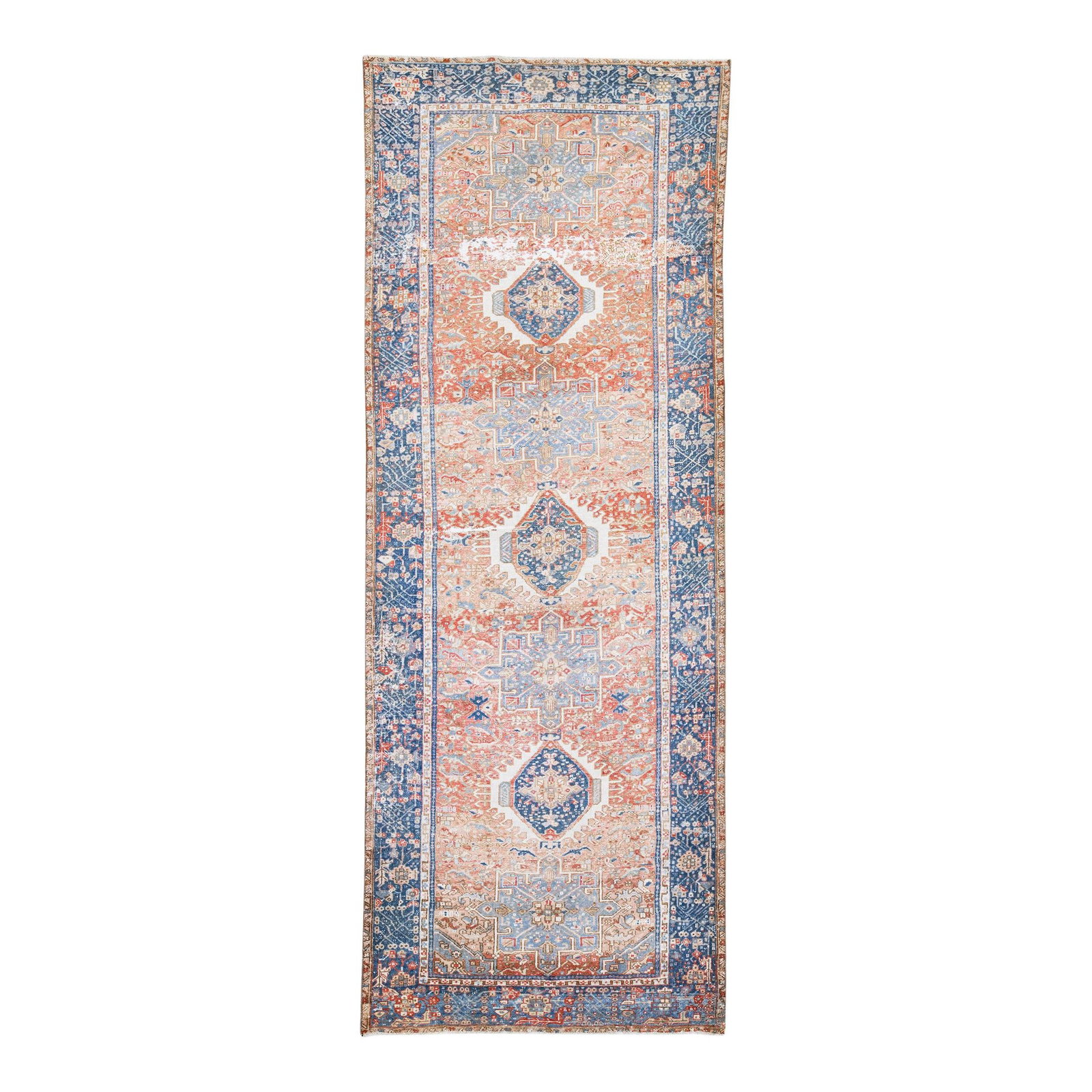 Vintage Karajah Handmade Medallion Wool Runner 4'7 x 12'4: Vintage Karajah Handmade Medallion Wool Runner 4'7 x 12'4 Enhance your space with this stunning 1960s Vintage Karajah handmade wool runner. Featuring a vibrant rust field, this beautiful rug is adorne